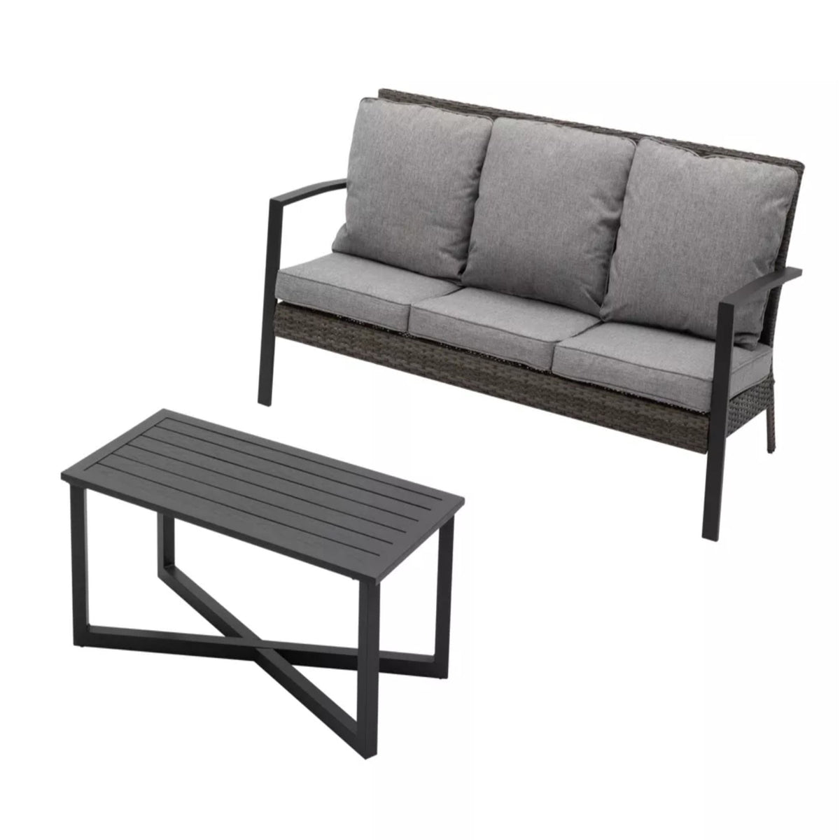 Gray-cushioned 2-seat patio sofa with dark frame and matching slat coffee table