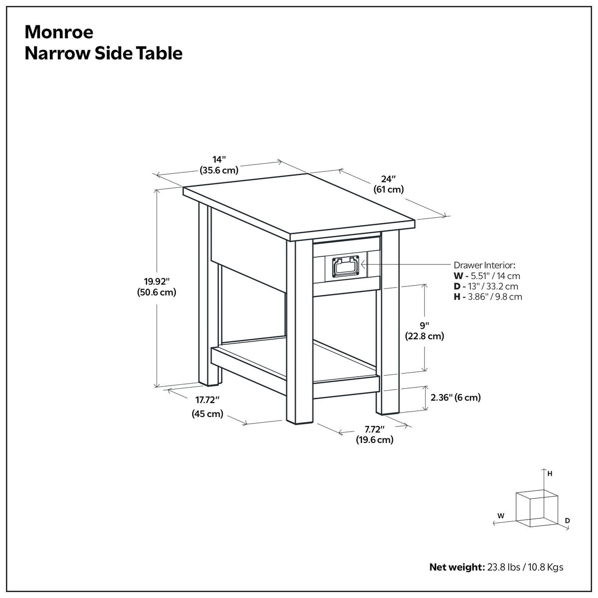 Monroe handcrafted narrow side table with drawer and lower shelf, dark wood finish