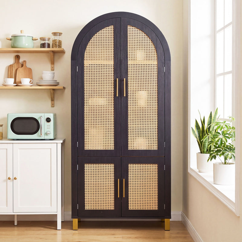 Tall arched cabinet with rattan door panels and dark frame, four compartments
