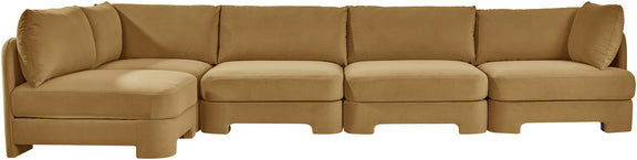 Light brown velvet sectional sofa with chaise ottoman-style corner seat
