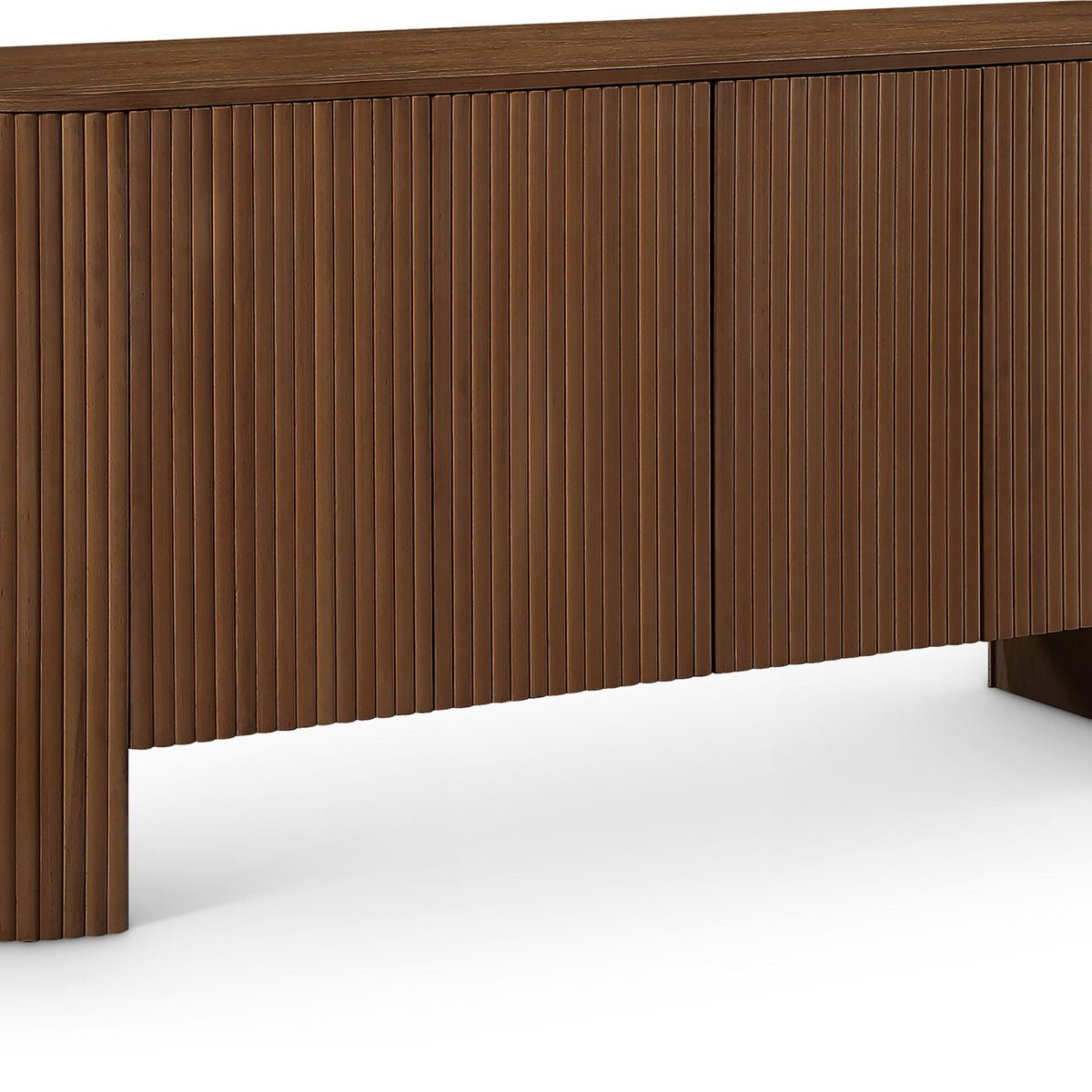 Warm brown sideboard buffet with vertical slat doors and rounded end panels
