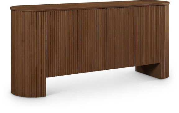 Warm brown sideboard buffet with vertical slat doors and rounded end panels