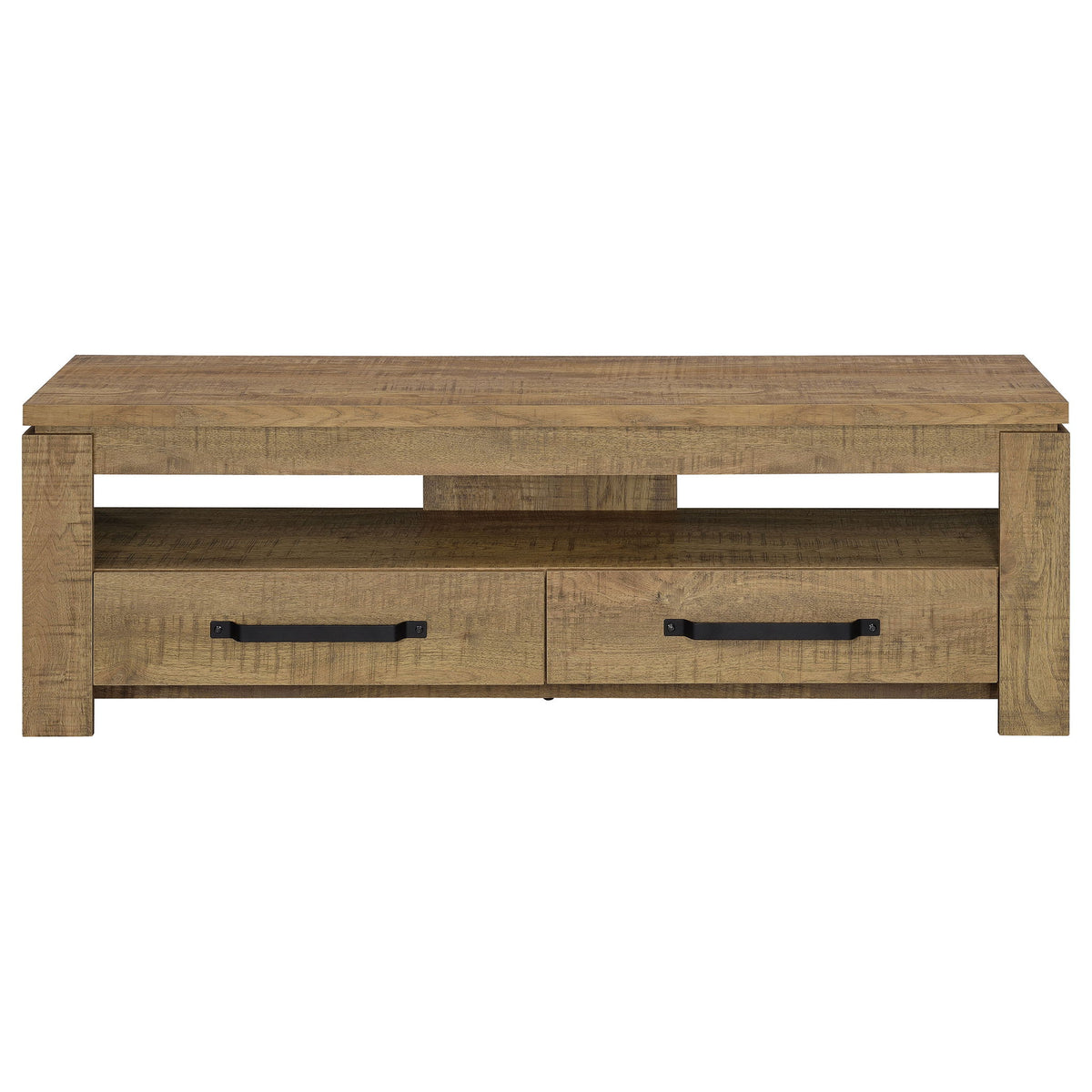 Mango TV stand with two drawers, open shelf beneath, black bar handles on front