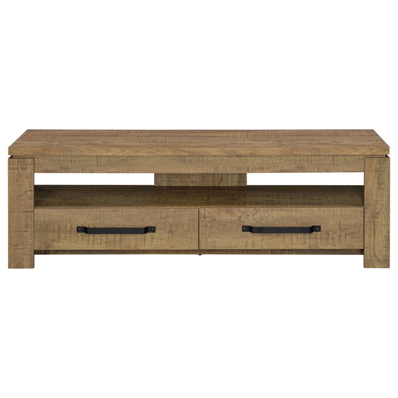 Mango TV stand with two drawers, open shelf beneath, black bar handles on front