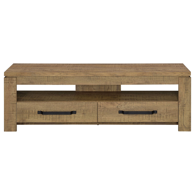 Mango TV stand with two drawers, open shelf beneath, black bar handles on front