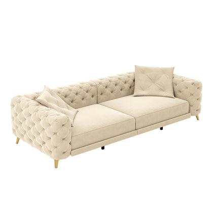 Beige 3-in-1 convertible sleeper sofa with tufted back, rolled arms, and two pillows