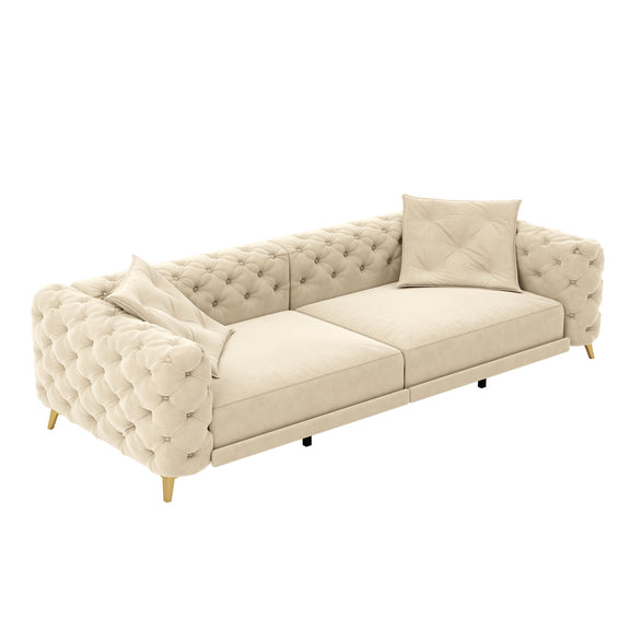 Beige 3-in-1 convertible sleeper sofa with tufted back, rolled arms, and two pillows
