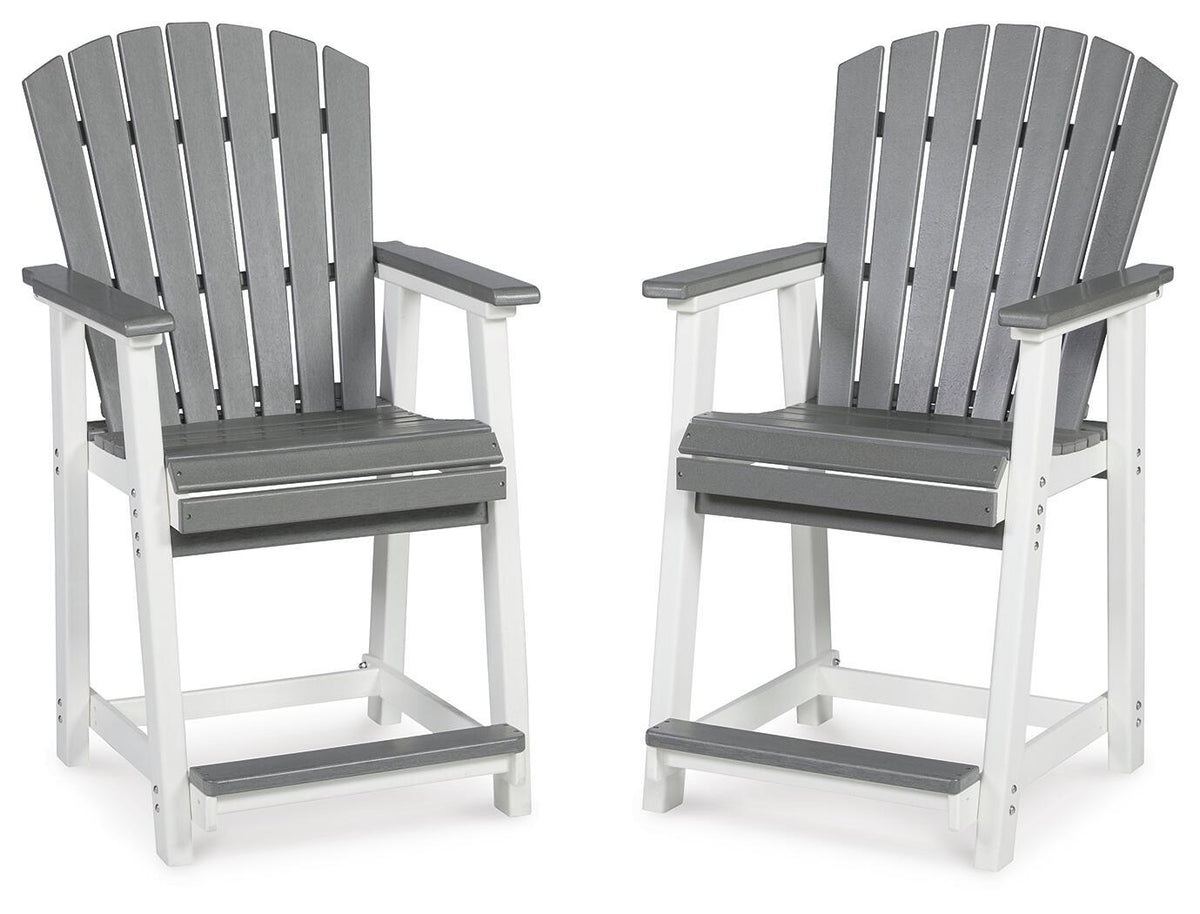 Set of two gray slatted barstools with white frames, armrests, and gray rectangular seats