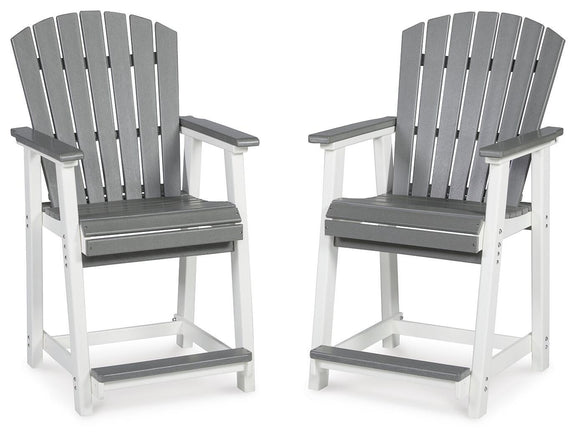 Set of two gray slatted barstools with white frames, armrests, and gray rectangular seats