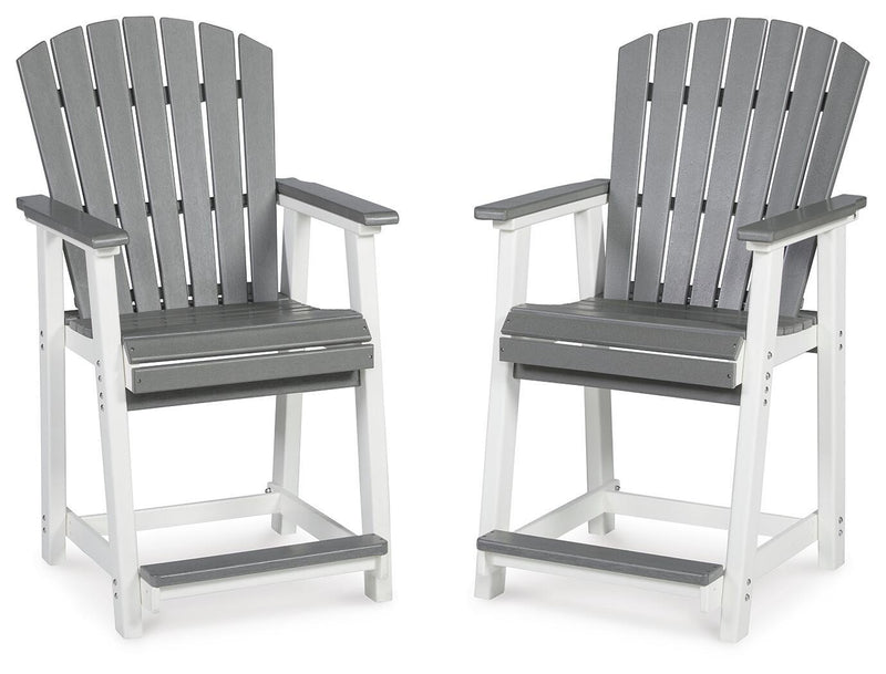 Set of two gray slatted barstools with white frames, armrests, and gray rectangular seats