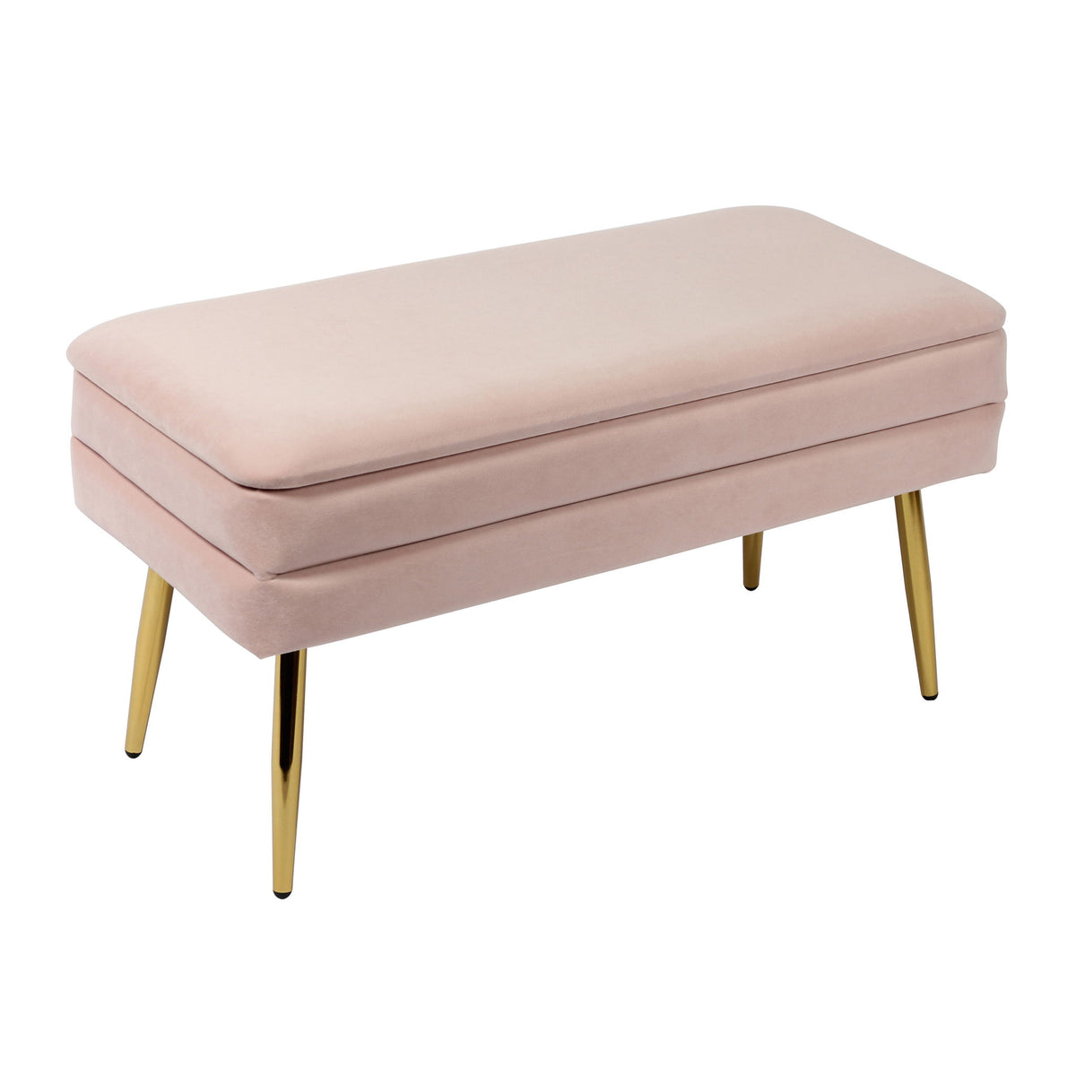 Ziva velvet storage bench in light pink, padded top with gold tapered legs.