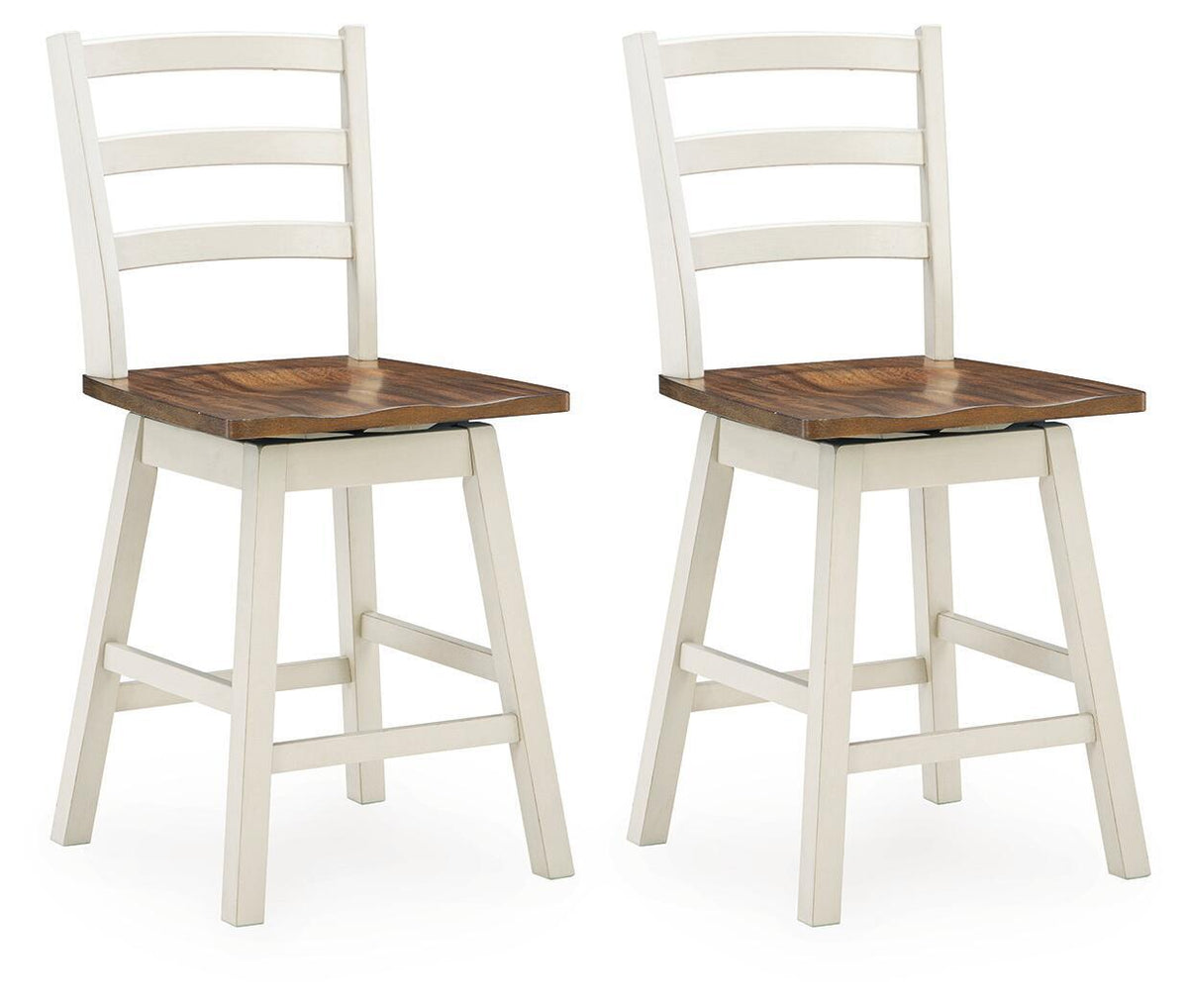 Swivel stool set of 2 with brown round seats and antique white ladder backs