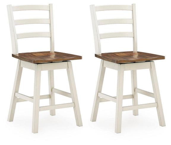 Swivel stool set of 2 with brown round seats and antique white ladder backs