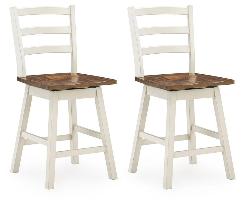 Swivel stool set of 2 with brown round seats and antique white ladder backs