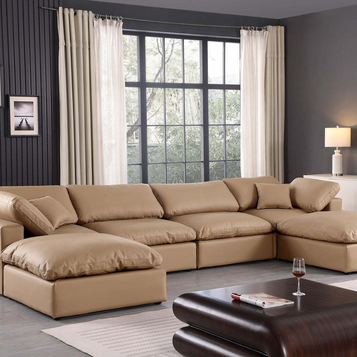 Comfy - 6 Piece Faux Leather Modular Double Chaise Sectional - Tan