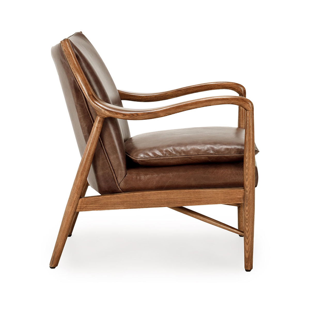 Kiannah club chair with medium brown upholstery, rounded wood arms and sturdy wood base