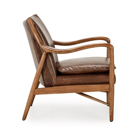 Kiannah club chair with medium brown upholstery, rounded wood arms and sturdy wood base