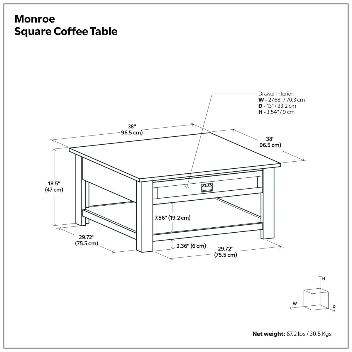 Monroe handcrafted square coffee table with drawer and lower shelf, dark wood finish