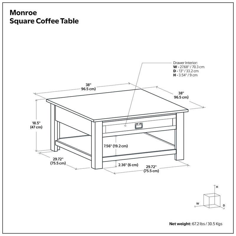 Monroe handcrafted square coffee table with drawer and lower shelf, dark wood finish