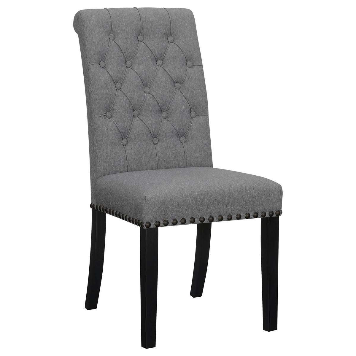 Dark gray tufted rolled backrest side chair with nailhead trim and dark wooden legs