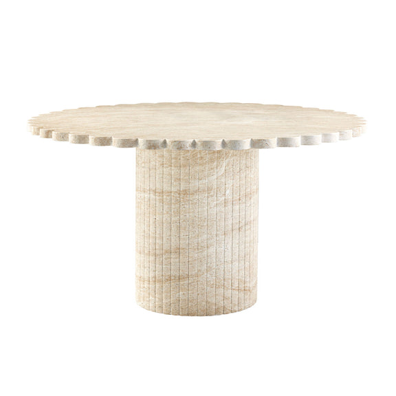 Round washed travertine dining table with scalloped stone edge and cylindrical base