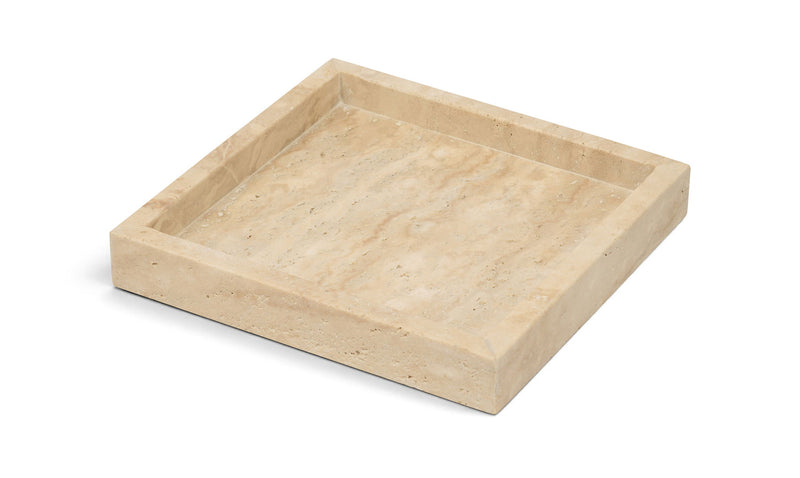 Beige travertine tray with shallow recessed center and speckled stone texture