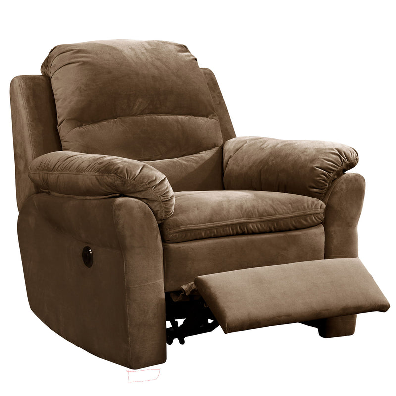 Brown recliner chair with padded armrests, reclined back, and pull-out footrest