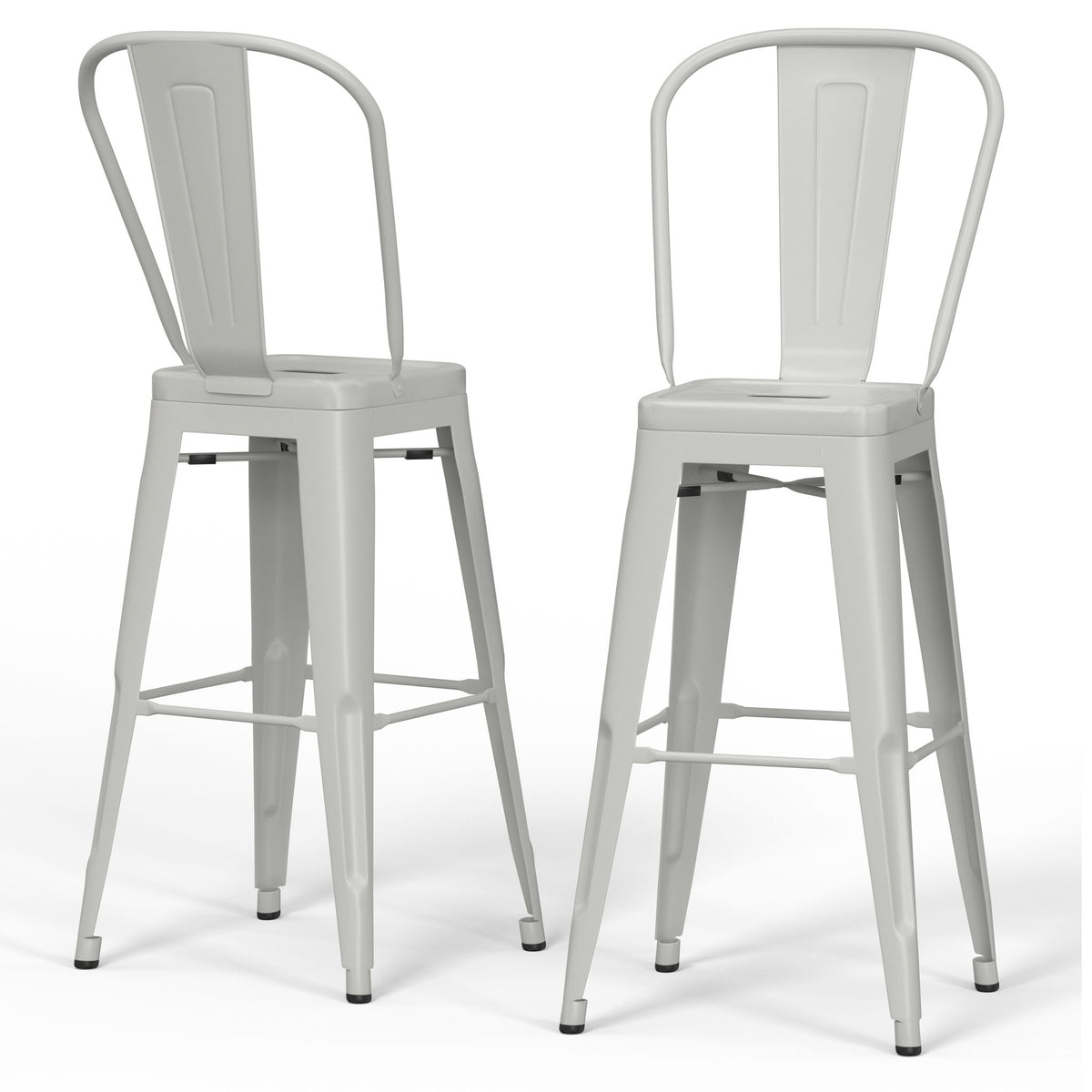 White metal stool set of 2 with open ladder-style frame and curved backrest
