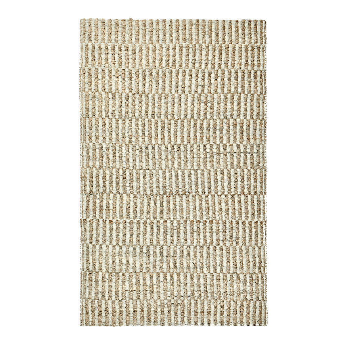 Jute rug with ivory and natural striped pattern, rectangular woven texture