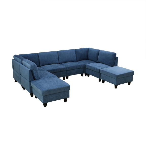 Blue U-shape modular sectional sofa with padded chaise ottoman ends and square seats