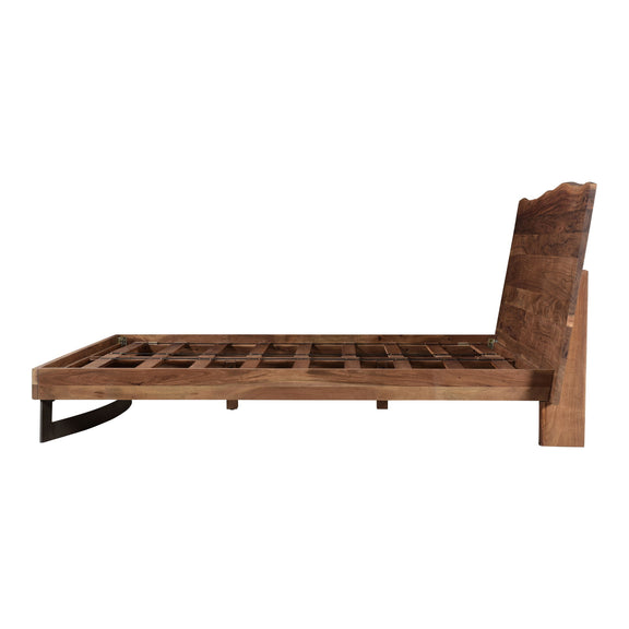King size wooden bed frame with slatted base and tall curved headboard
