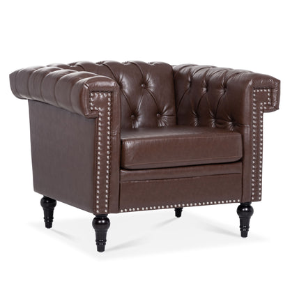 Dark brown tufted 1-seat sofa chair with nailhead trim, rolled arms, and buttoned back