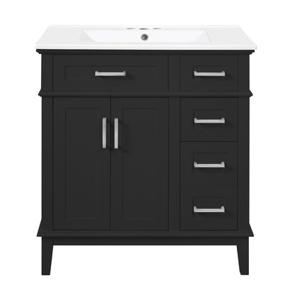 Black bathroom vanity with sink, two drawers and two cabinet doors, silver pulls