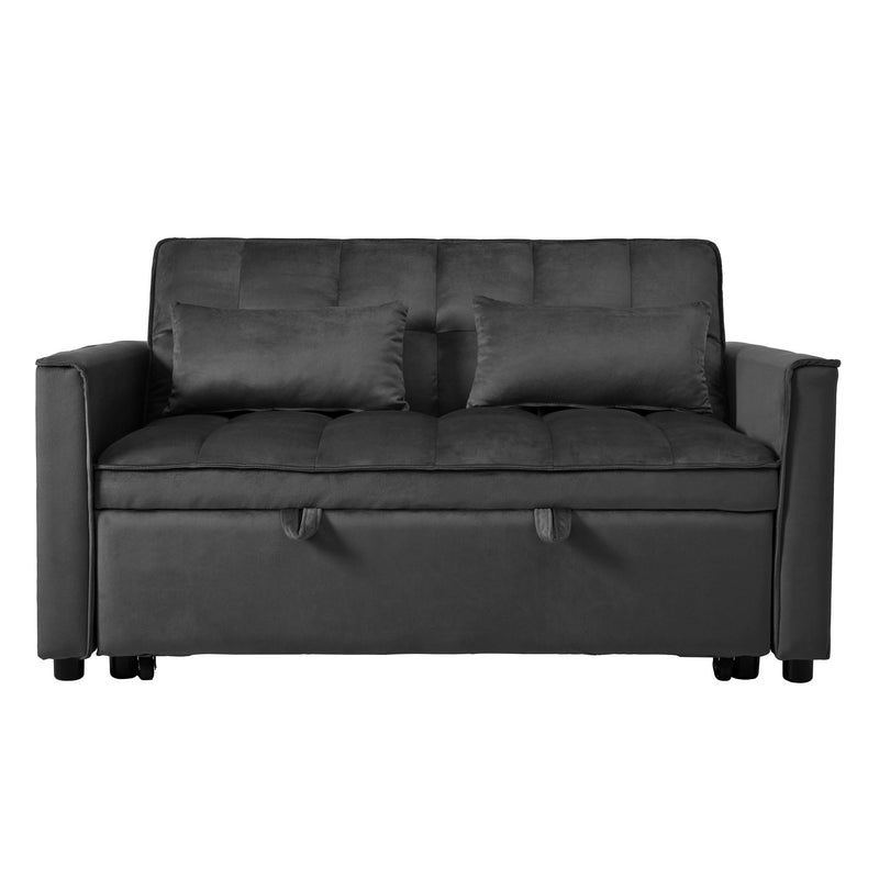 Convertible sofa bed with tufted back cushions and armrests, dark gray fabric
