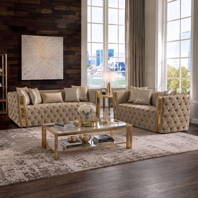 Naomi living room set, taupe tufted sofa with two armchairs and decorative throw pillows
