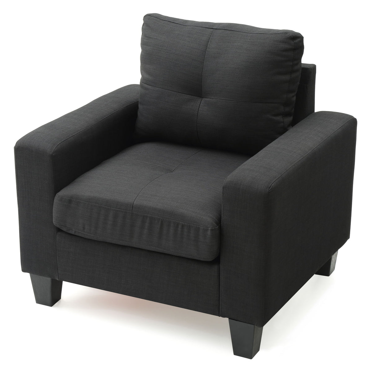 Dark gray upholstered accent chair with tufted back, padded arms, and thick seat