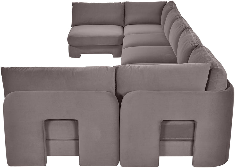 Medium gray velvet performance fabric U-shaped armless sectional with thick back pillows.