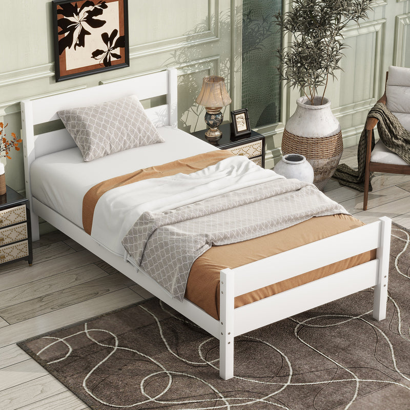 Twin Bed with Headboard and Footboard, Rubber Wood Bed, White