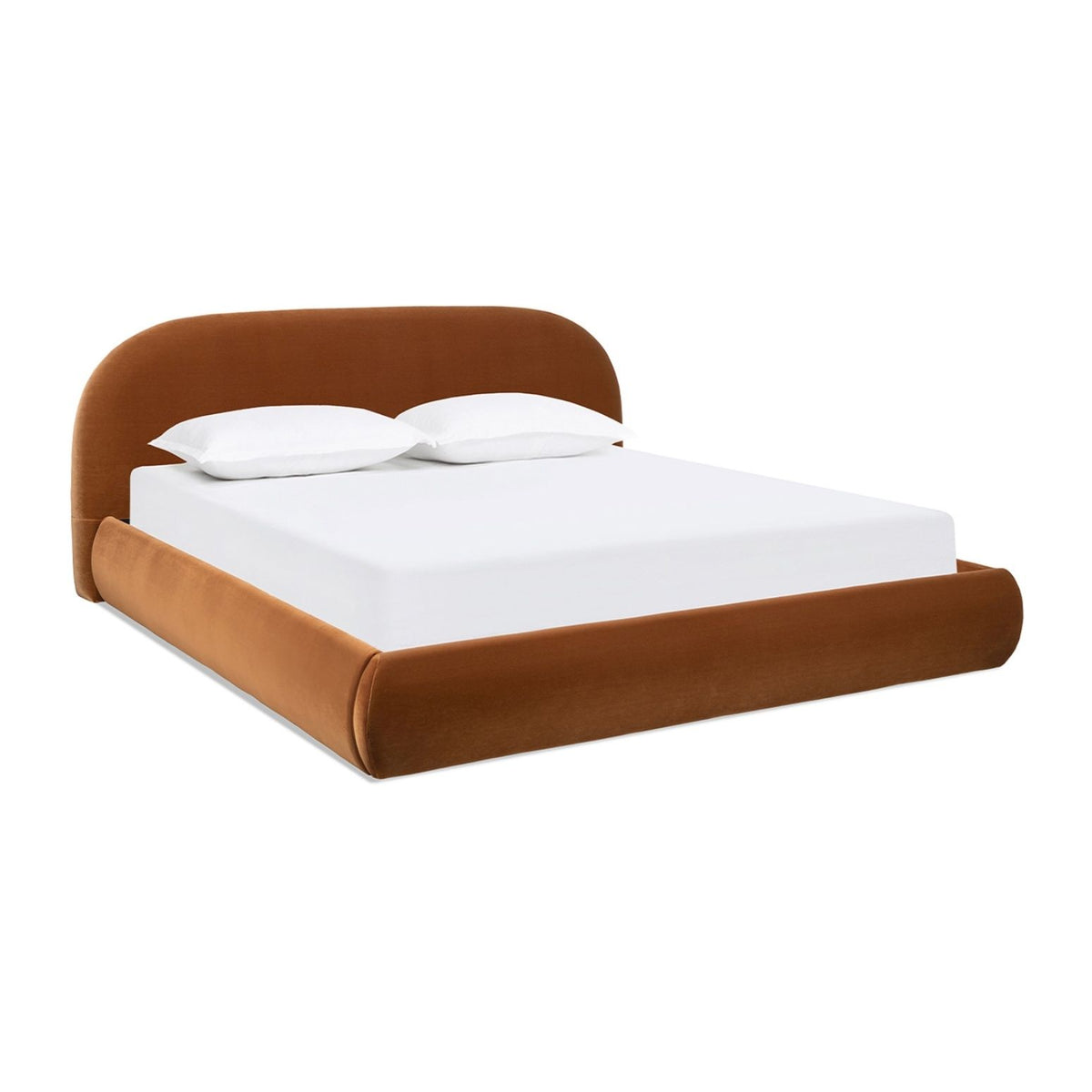Orange upholstered platform bed with rounded headboard and low profile frame