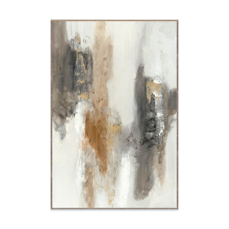Wood-framed abstract painting with gray, tan, and white vertical brushstrokes