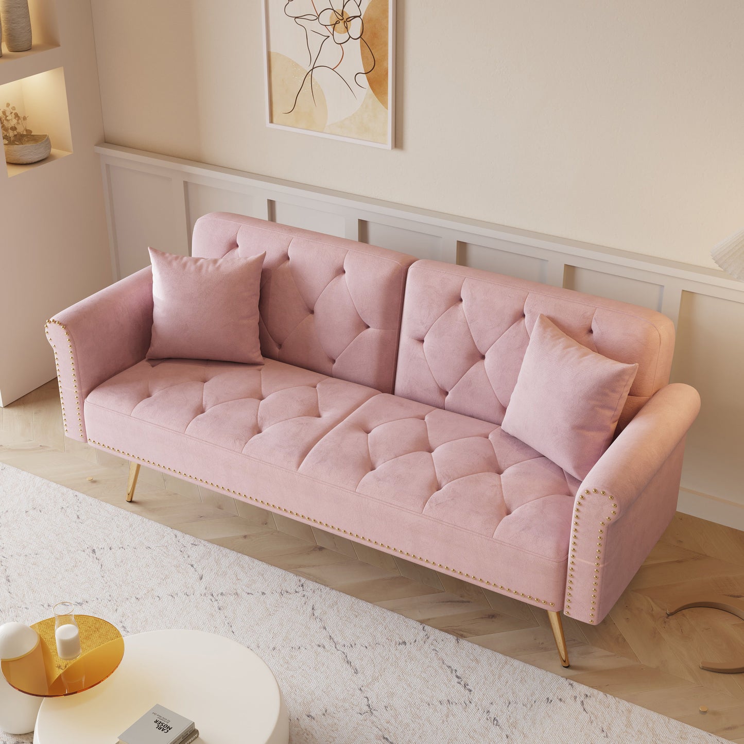 Velvet Nail Head Sofa Bed With Throw Pillow