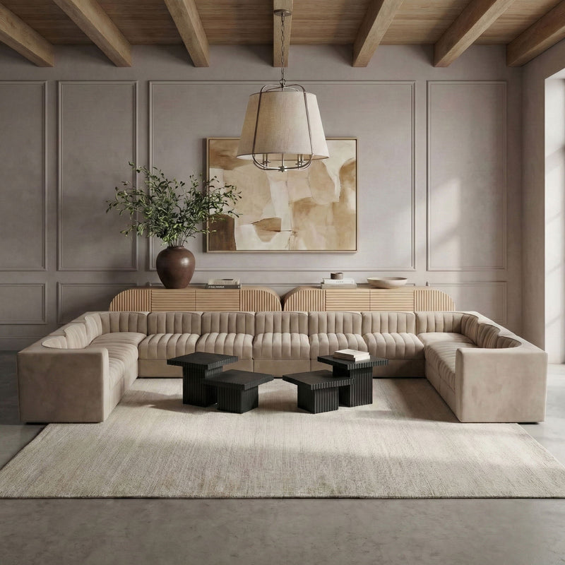 Velvet modular sectional sofa with tufted seat and back, beige upholstery, corner armrests