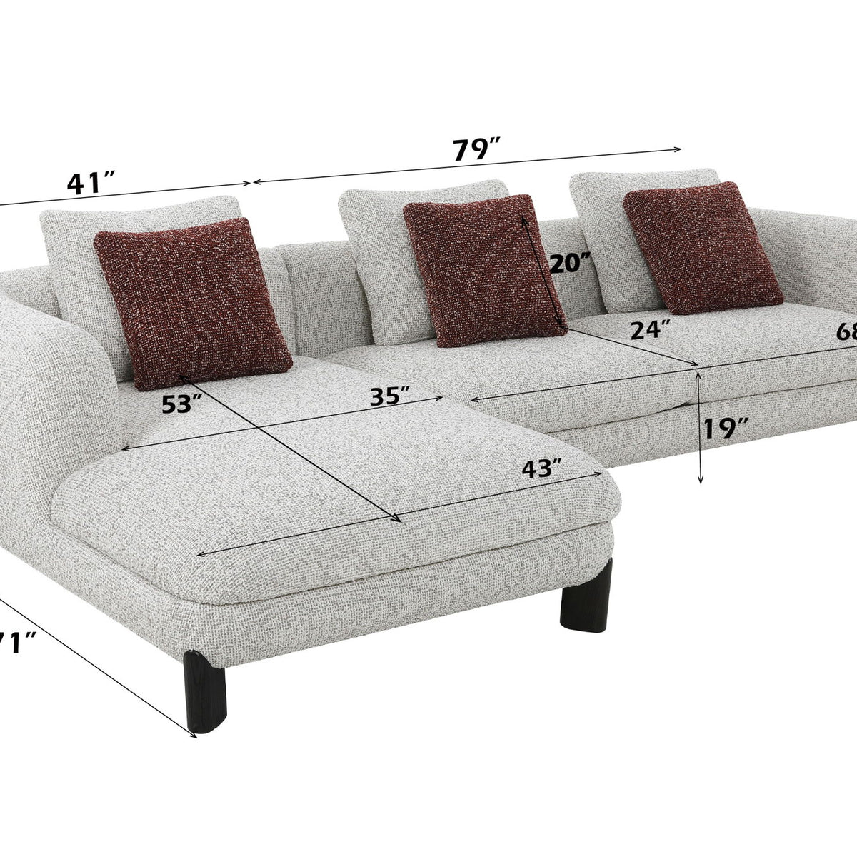Mardi - Tweed Sectional Sofa With 3 Pillows - Maroon / Beige