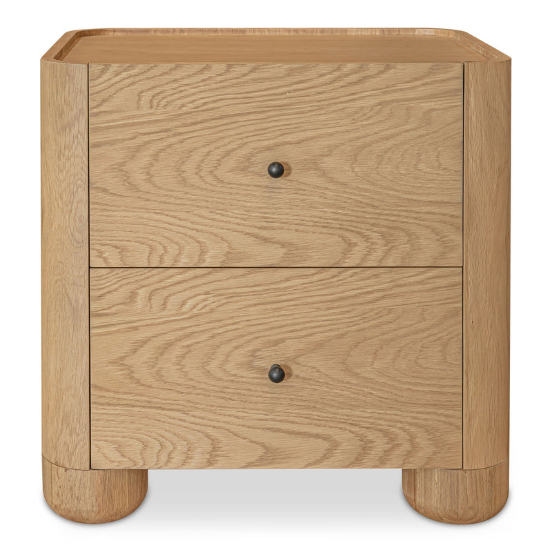 Light brown wood nightstand with two drawers and rounded feet, shown from the front.
