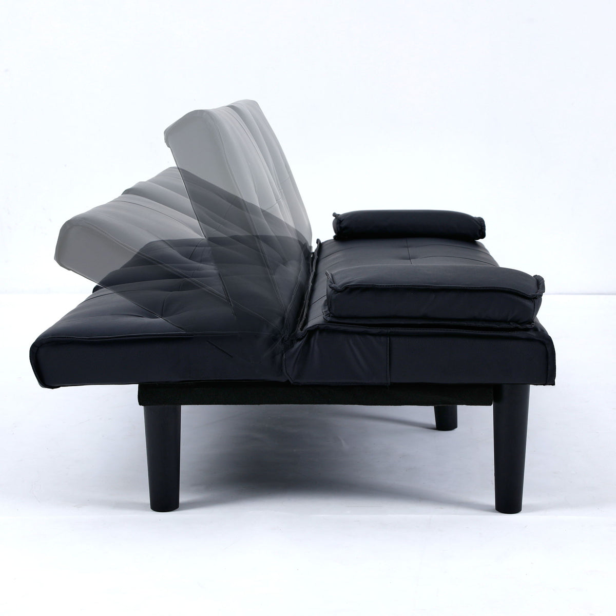 Dark gray sofa bed with fold-out seat and back, with two-cup holder console