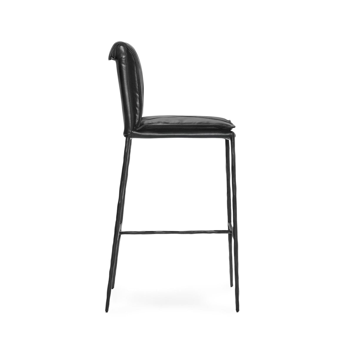 Black leather-look bar stool with padded curved back and seat, black legs