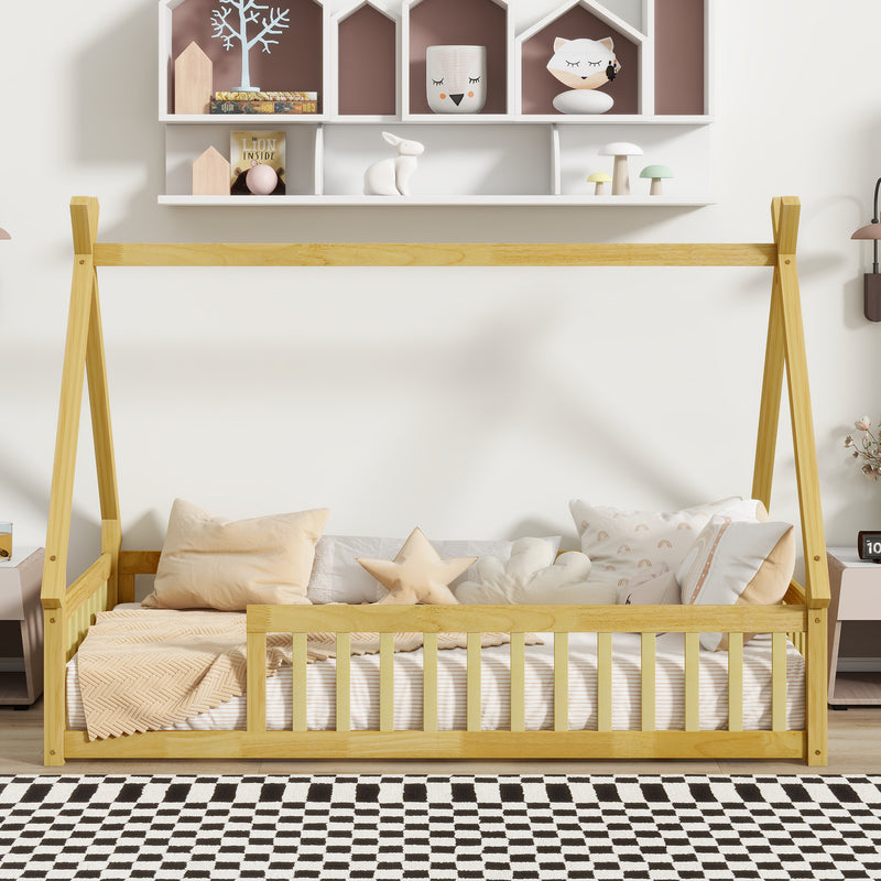 Twin Tent-shaped Floor Bed, Teepee Bed with Guardrails, Slats, Natural