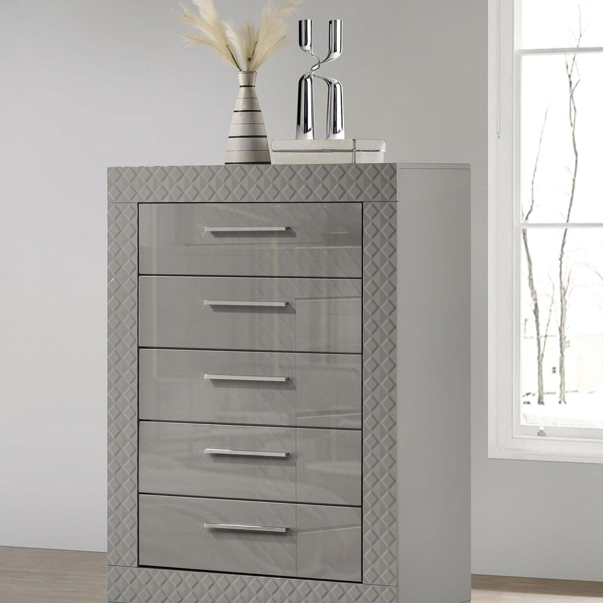 Ives 5-drawer Bedroom Chest of Drawers Grey High Gloss