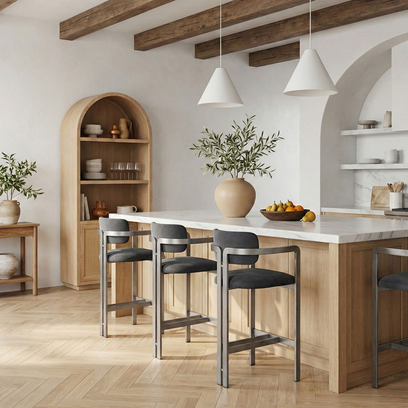 Counter stool set with dark upholstered seats and gray metal frames