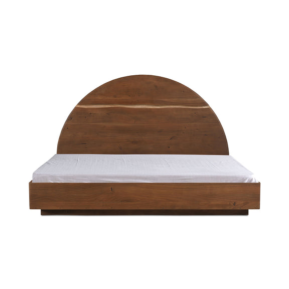 King-size wooden bed frame with arched headboard, brown and white mattress